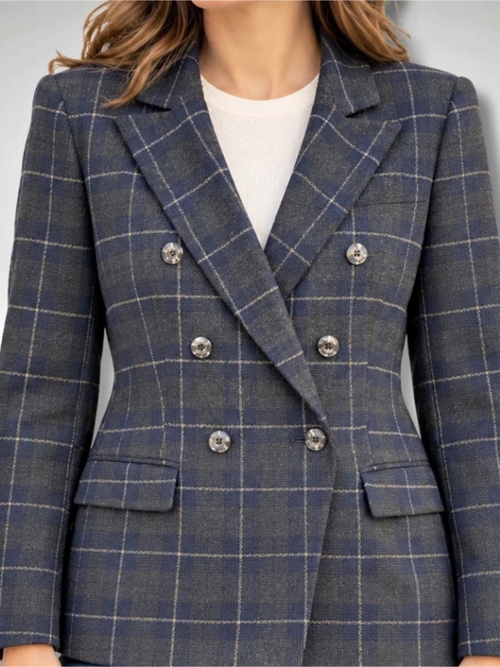 Navy Windowpane Plaid Wool Blend Double Breasted Blazer 10 L Dark Academia